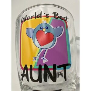 Worlds Best Aunt Novelty Clear‎ Glass Coffee Mug Tea Cup Bird Heart Graphic 4"H